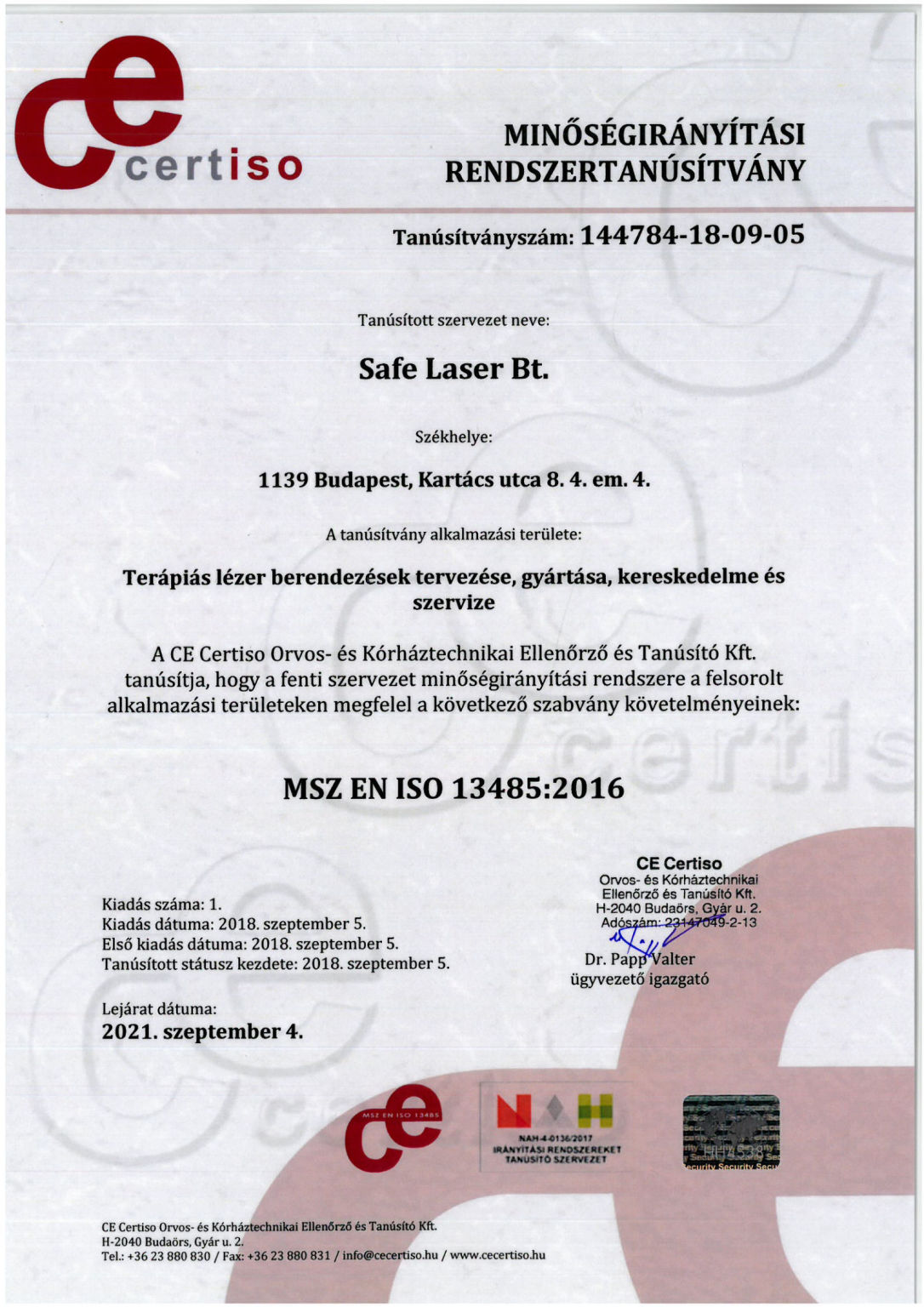 Tanúsítvány_ISO13485_Safe-Laser_144784-18-09-05_2018-09-05_HH4538_hu.jpg